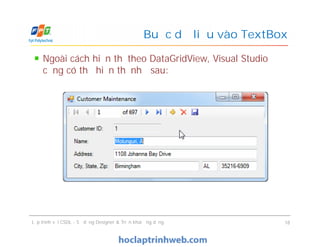 Ngoài cách hiển thị theo DataGridView, Visual Studio
cũng có thể hiển thị như sau:
Buộc dữ liệu vào TextBox
Lập trình với CSDL - Sử dụng Designer & Triển khai ứng dụng 18
 