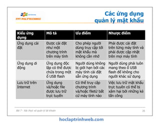 Kiểu ứng
dụng
Mô tả Ưu điểm Nhược điểm
Ứng dụng cài
đặt
Được cài đặt
như một
chương trình
trên máy tính
Cho phép người
dùng truy cập tới
mật khẩu mà
không cần nhớ
Phải được cài đặt
trên từng máy tính và
phải được cập nhật
trên mọi máy tính
Ứng dụng di
động
Ứng dụng độc
lập có thể được
chứa trong một
ổ USB flash
Người dùng không
bị giới hạn bởi các
máy tính cài đặt
sẵn ứng dụng
Người dùng phải luôn
mang theo ổ USB
flash để không cho
người khác sử dụng
Các ứng dụng
quản lý mật khẩu
26
Ứng dụng di
động
Ứng dụng độc
lập có thể được
chứa trong một
ổ USB flash
Người dùng không
bị giới hạn bởi các
máy tính cài đặt
sẵn ứng dụng
Người dùng phải luôn
mang theo ổ USB
flash để không cho
người khác sử dụng
Lưu trữ trên
Internet
Ứng dụng
và/hoặc file
được lưu trữ
trực tuyến
Có thể truy cập
chương trình
và/hoặc filetừ bất
cứ máy tính nào
Việc lưu trữ mật khẩu
trực tuyên có thể bị
xâm hại bởi những kẻ
tấn công
Bài 7 - Xác thực và quản lý tài khoản
 