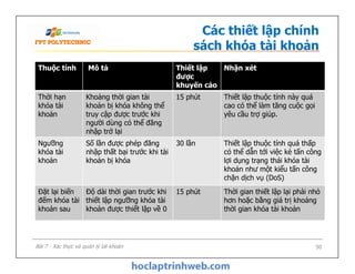 Thuộc tính Mô tả Thiết lập
được
khuyến cáo
Nhận xét
Thời hạn
khóa tài
khoản
Khoảng thời gian tài
khoản bị khóa không thể
truy cập được trước khi
người dùng có thể đăng
nhập trở lại
15 phút Thiết lập thuộc tính này quá
cao có thể làm tăng cuộc gọi
yêu cầu trợ giúp.
Ngưỡng
khóa tài
khoản
Số lần được phép đăng
nhập thất bại trước khi tài
khoản bị khóa
30 lần Thiết lập thuộc tính quá thấp
có thể dẫn tới việc kẻ tấn công
lợi dụng trạng thái khóa tài
khoản như một kiểu tấn công
chặn dịch vụ (DoS)
Các thiết lập chính
sách khóa tài khoản
50
Ngưỡng
khóa tài
khoản
Số lần được phép đăng
nhập thất bại trước khi tài
khoản bị khóa
30 lần Thiết lập thuộc tính quá thấp
có thể dẫn tới việc kẻ tấn công
lợi dụng trạng thái khóa tài
khoản như một kiểu tấn công
chặn dịch vụ (DoS)
Đặt lại biến
đếm khóa tài
khoản sau
Độ dài thời gian trước khi
thiết lập ngưỡng khóa tài
khoản được thiết lập về 0
15 phút Thời gian thiết lập lại phải nhỏ
hơn hoặc bằng giá trị khoảng
thời gian khóa tài khoản
Bài 7 - Xác thực và quản lý tài khoản
 