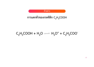 การแตกตัวของกรดซิติก C2H5COOH
ตัวอย#าง
ตัวอย#าง
17
C2H5COOH + H2O H3O+ + C2H5COO-
 