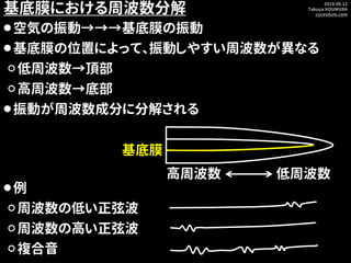 2019.06.12
Takuya KOUMURA
cycentum.com
基底膜における周波数分解
⚫空気の振動→→→基底膜の振動
⚫基底膜の位置によって、振動しやすい周波数が異なる
⚪低周波数→頂部
⚪高周波数→底部
⚫振動が周波数成分に...