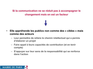 Si la communication ne se réduit pas à accompagner le changement mais en est un facteur Elle appréhende les publics non comme des « cibles » mais comme des acteurs Leur permettre de refaire le chemin intellectuel qui a permis d’élaborer un projet  Faire appel à leurs capacités de contribution (et en tenir compte)  S’appuyer sur leur sens de la responsabilité qui se renforce dans l’action  