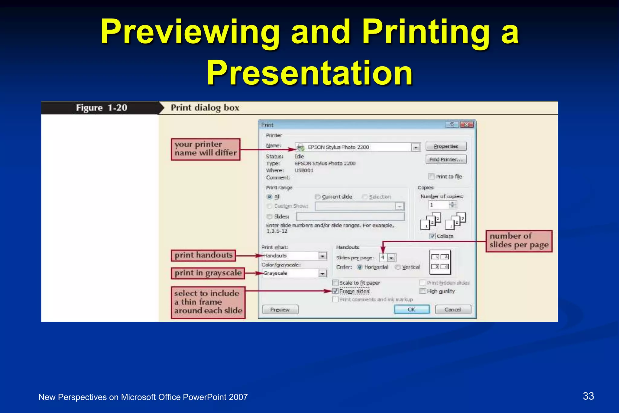 Previewing and Printing a
Presentation
New Perspectives on Microsoft Office PowerPoint 2007 33
 