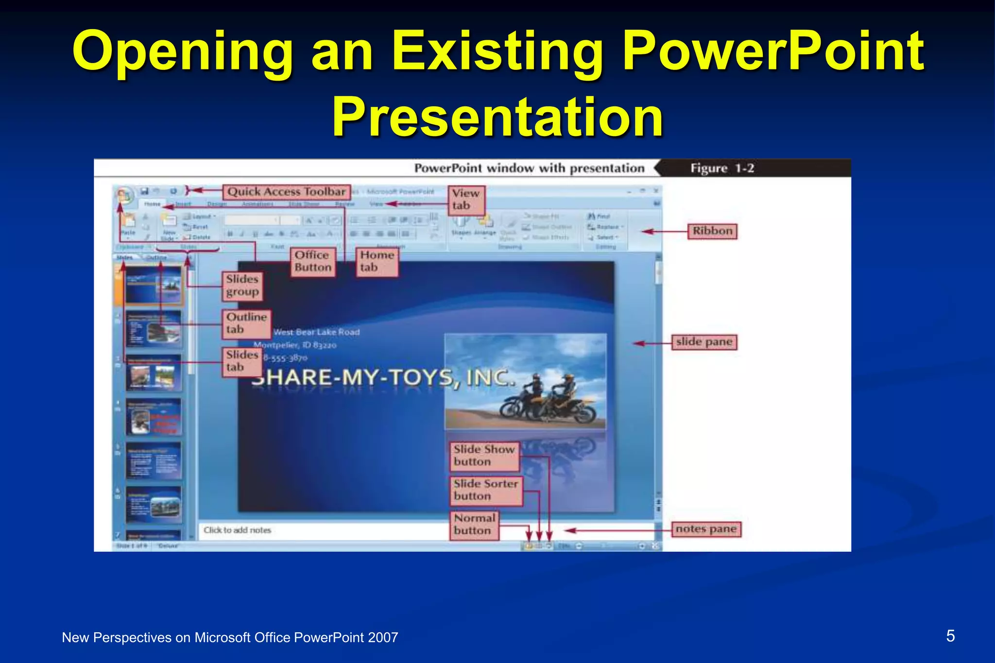 Opening an Existing PowerPoint
Presentation
New Perspectives on Microsoft Office PowerPoint 2007 5
 