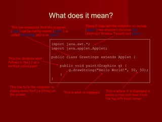 What does it mean?
import java.awt.*;
import java.applet.Applet;
public class Greetings extends Applet {
public void paint(Graphics g) {
g.drawString("Hello World!", 50, 50);
}
}
These 2 lines tell the computer to include
(import) two standard libraries awt
(Abstract Window Toolkit) and applet.
This line tells the computer to
display some text ( a string) on
the screen.
This line announces that the program
(class) can be run by anyone (public), is
called Greetings and is an Applet.
This line declares what
follows in the { } as a
method called paint.
This is where it is displayed in
pixels across and down from
the top left hand corner
This is what is displayed
 