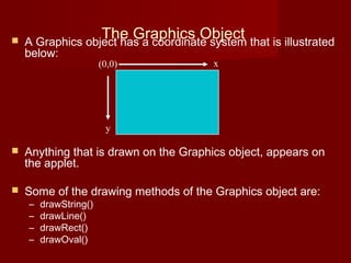 The Graphics Object A Graphics object has a coordinate system that is illustrated
below:
 Anything that is drawn on the Graphics object, appears on
the applet.
 Some of the drawing methods of the Graphics object are:
– drawString()
– drawLine()
– drawRect()
– drawOval()
(0,0) x
y
 