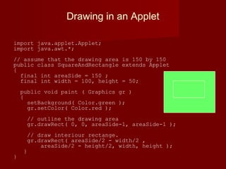 Drawing in an Applet
import java.applet.Applet;
import java.awt.*;
// assume that the drawing area is 150 by 150
public class SquareAndRectangle extends Applet
{
final int areaSide = 150 ;
final int width = 100, height = 50;
public void paint ( Graphics gr )
{
setBackground( Color.green );
gr.setColor( Color.red );
// outline the drawing area
gr.drawRect( 0, 0, areaSide-1, areaSide-1 );
// draw interiour rectange.
gr.drawRect( areaSide/2 - width/2 ,
areaSide/2 - height/2, width, height );
}
}
 