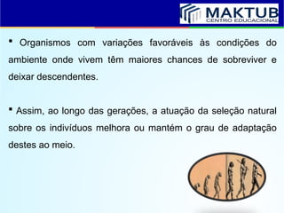  Organismos com variações favoráveis às condições do
ambiente onde vivem têm maiores chances de sobreviver e
deixar descendentes.
 Assim, ao longo das gerações, a atuação da seleção natural
sobre os indivíduos melhora ou mantém o grau de adaptação
destes ao meio.
 
