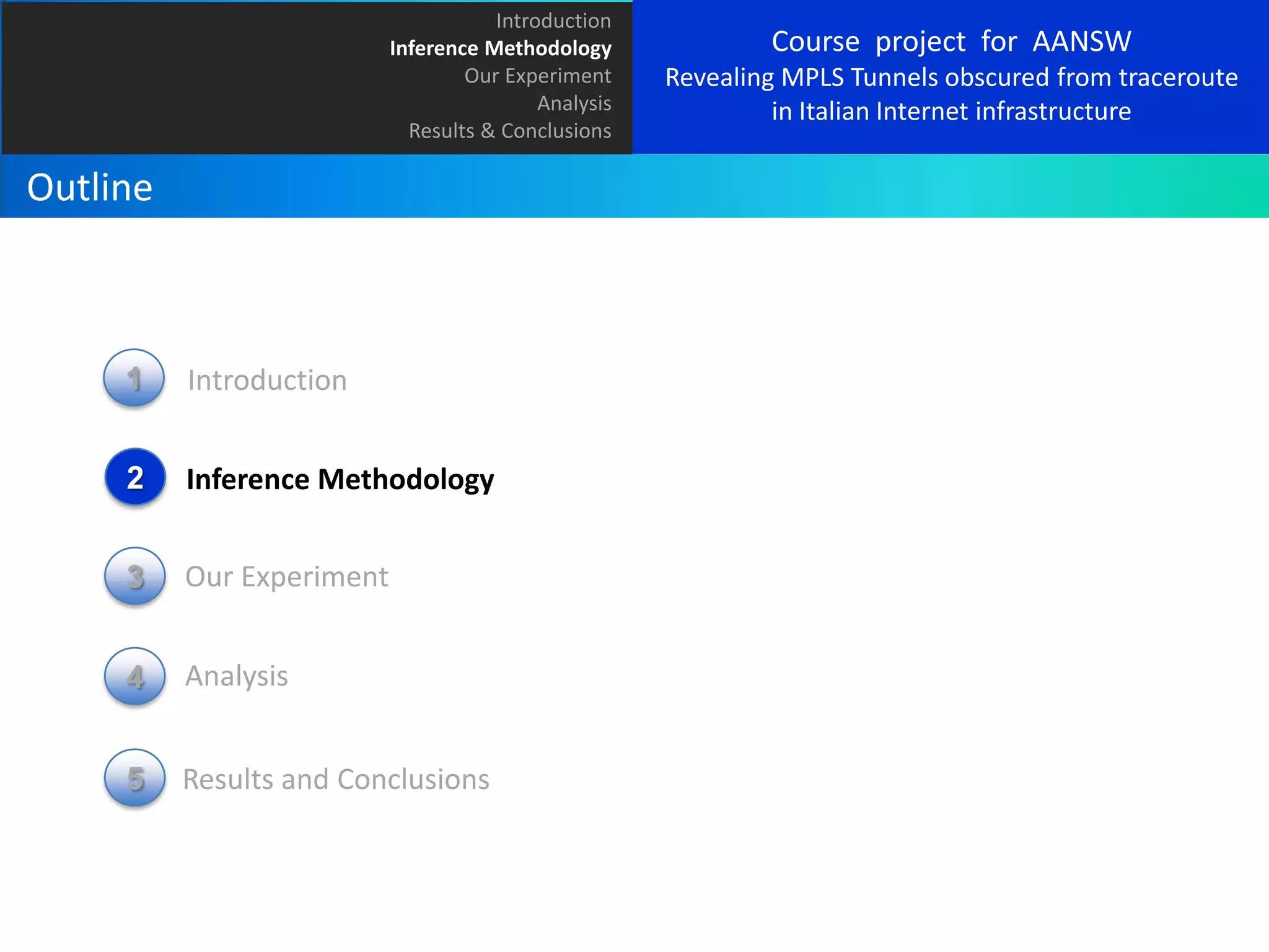 Introduction
Inference Methodology
Our Experiment
Analysis
Results & Conclusions

Outline

1

Introduction

2

Inference Methodology

3

Our Experiment

4

Analysis

5

Results and Conclusions

Course project for AANSW
Revealing MPLS Tunnels obscured from traceroute
in Italian Internet infrastructure

 