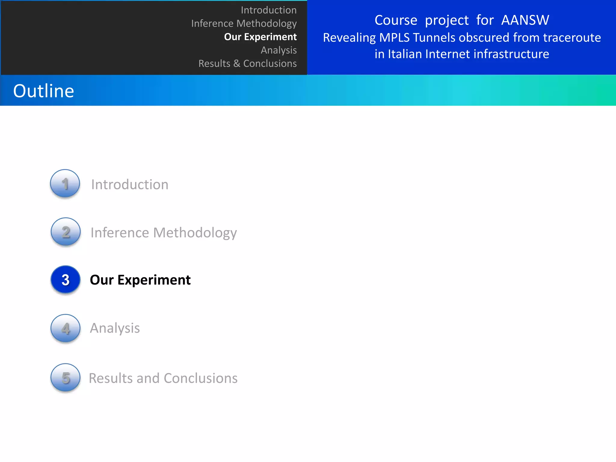Introduction
Inference Methodology
Our Experiment
Analysis
Results & Conclusions

Outline

1

Introduction

2

Inference Methodology

3

Our Experiment

4

Analysis

5

Results and Conclusions

Course project for AANSW
Revealing MPLS Tunnels obscured from traceroute
in Italian Internet infrastructure

 