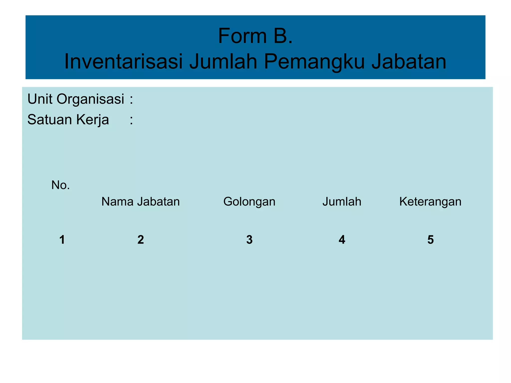 Form B.
Inventarisasi Jumlah Pemangku Jabatan
Unit Organisasi :
Satuan Kerja :

No.
Nama Jabatan
1

Golongan

Jumlah

Keterangan

2

3

4

5

 