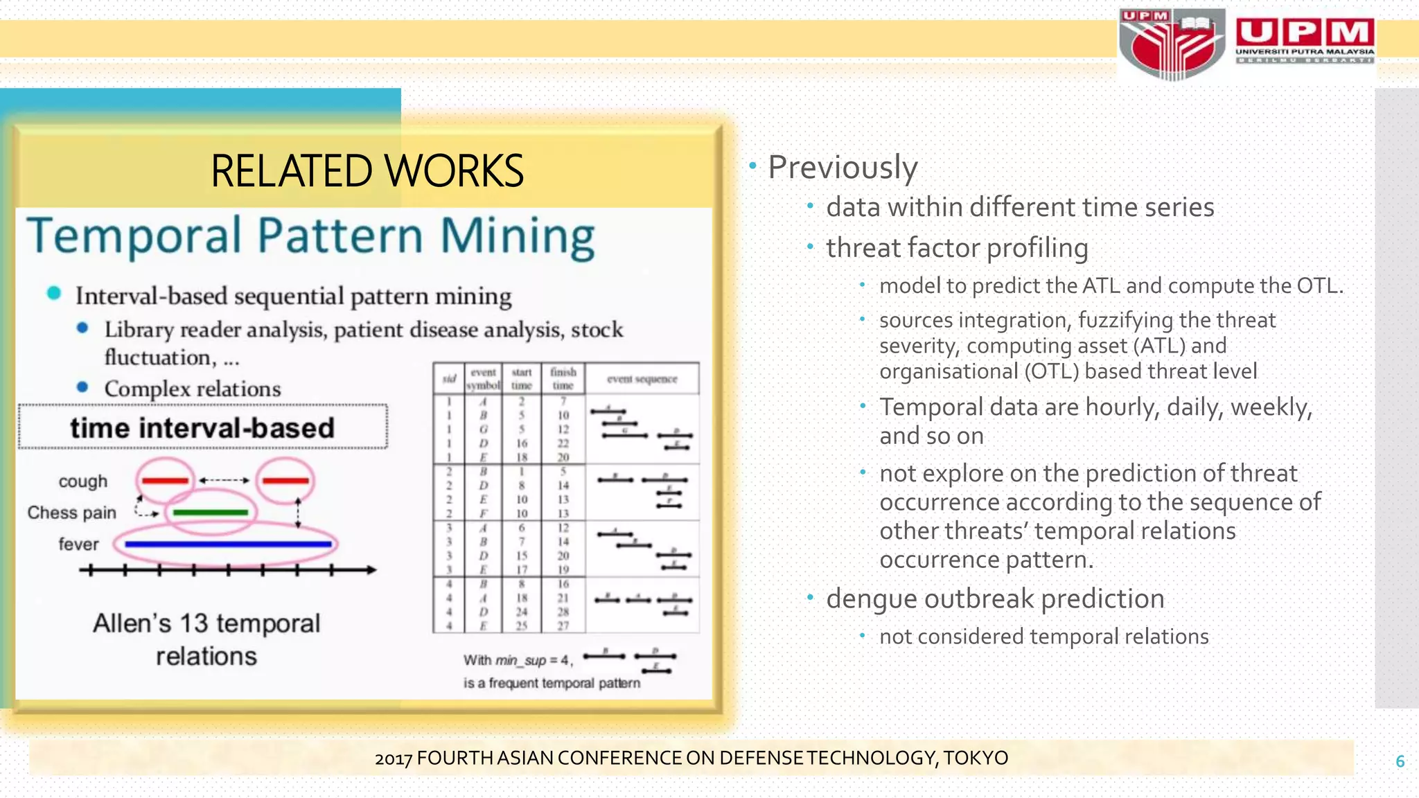 Previously
 data within different time series
 threat factor profiling
 model to predict the ATL and compute the OTL.
 sources integration, fuzzifying the threat
severity, computing asset (ATL) and
organisational (OTL) based threat level
 Temporal data are hourly, daily, weekly,
and so on
 not explore on the prediction of threat
occurrence according to the sequence of
other threats’ temporal relations
occurrence pattern.
 dengue outbreak prediction
 not considered temporal relations
RELATED WORKS
62017 FOURTHASIAN CONFERENCEON DEFENSETECHNOLOGY,TOKYO
 