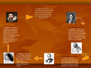 JOHN NAPIERJOHN NAPIER
—— Escócia, 1550 - 1617 —Escócia, 1550 - 1617 —
Criou os Ossos de Napier (1614),Criou os Ossos de Napier (1614),
uma mesa de cálculo que utili-uma mesa de cálculo que utili-
zava o conceito de logaritmos,zava o conceito de logaritmos,
permitindo multiplicar epermitindo multiplicar e dividirdividir
deforma automática.deforma automática.
GOTTFRIED VON LEIBNIZ
— Alemanha , 1646 - 1716 —
Desenvolveu a primeira Cal-
culadora mecânica (1673) que
executava as quatro operações
matemáticas — aperfeiçoa-
mento da máquina do Francês
Blaise Pascal (1642) que fazia
apenas duas operações
JOSEPH-MARIE JACQUARD
— França, 1752-1834 —
Criou o tear automático (1801)
com cartões perfurados para
produzir desenhos em tecidos.
Foi morto em função do medo
gerado pelo sucesso da idéia.
CHARLES BABBAGE
— Inglaterra, 1791-1871
Com o projeto da Máquina
Analiítica (1834) passou a
ser chamado de “Pai do
Computador”. O projeto só
saiu do papel em
1991, construído pelo
Museu de Ciência de
Londres.
AUGUSTA ADA
— Inglaterra, 1815-1852 —
Trabalhou no conceito da
programação da Máquina
Analítica, para que essa ﬁ
zesse o laço ou loops
(1843), a repetição da tarefa
ao término, e também
trabalhou no desvio
condicional (algo será exe-
cutado mediante uma
condição).
 