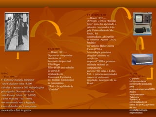 ENIACENIAC
—— EUA, 1946EUA, 1946 ——
O Eletronic Numeric IntegratorO Eletronic Numeric Integrator
And Calculator tinha 18.000And Calculator tinha 18.000
válvulas e executava 500 multiplicaçõesválvulas e executava 500 multiplicações
por segundo. Desenvolvido porpor segundo. Desenvolvido por
John Presper Eckert (1919-1995)John Presper Eckert (1919-1995)
e John Mauchly (1907-1980),e John Mauchly (1907-1980),
sob encomenda para a Segundasob encomenda para a Segunda
Guerra Mundial, sóGuerra Mundial, só ﬁﬁ cou prontocou pronto
meses após omeses após o ﬁﬁnal da guerra.nal da guerra.
ZEZINHO
— Brasil, 1961 —
O primeiro computador
brasileiro foi
desenvolvido por José
Ellis Ripper
Filho (1939-) no trabalho
do curso de
Graduação em
Engenharia Eletrônica
no Instituto Tecnológico
da Aeronáutica
(ITA) e foi apelidado de
“Zezinho”.
PATINHO FEIO
— Brasil, 1972 —
O Projeto G-10 ou “Patinho
Feio”, como foi apelidado o
primeiro computador feito
pela Universidade de São
Paulo, foi
construído no Laboratório
de Sistemas Digitais (LSD),
fundado
por Antonio Hélio Guerra
Vieira (1930-).
A tecnologia gerada na
pesquisa culminou na
criação da
empresa COBRA, primeira
indústria nacional de
computadores,
que em 1980 lança o Cobra
530, o primeiro computador
comercial totalmente
projetado e desenvolvido no
Brasil.
ALTAIR
— EUA, 1974 —
O primeiro
microcomputador
comercial foi produzido
pela
empresa americana MITS
(Micro
Instrumentation
Telemetry
Systems) e
comercializado na
forma de um kit, por meio
de uma
revista tecnológica
especializada.
 