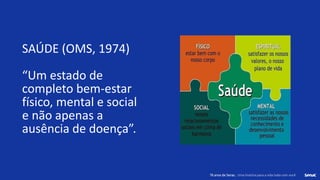76 anos de Senac. Uma história para a vida toda com você.
76 anos de Senac. Uma história para a vida toda com você.
SAÚDE (OMS, 1974)
“Um estado de
completo bem-estar
físico, mental e social
e não apenas a
ausência de doença”.
 