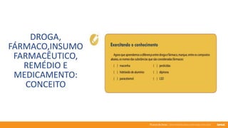 76 anos de Senac. Uma história para a vida toda com você.
DROGA,
FÁRMACO,INSUMO
FARMACÊUTICO,
REMÉDIO E
MEDICAMENTO:
CONCEITO
 