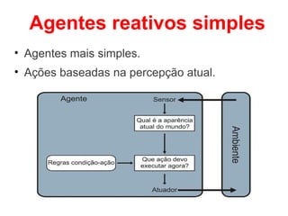 Agentes reativos simples
• Agentes mais simples.
• Ações baseadas na percepção atual.
 