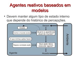 Agentes reativos baseados em
             modelos
• Devem manter algum tipo de estado interno
  que depende do histórico de percepções.
 