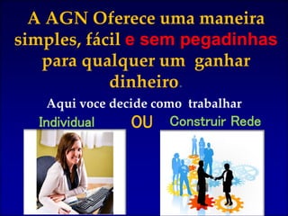 A AGN Oferece uma maneira
simples, fácil e sem pegadinhas
para qualquer um ganhar
dinheiro.
Aqui voce decide como trabalhar
Individual Construir RedeOU
 