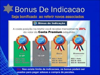 Seja bonificado ao referir novos associados
Obs. Nao existe limite de indicacoes, os bonus podem ser
usados para pagar adesao e compra de pacotes.
Mensalidade prata $ 2
Mensalidade Ouro $10
Mensalidade Diamante $20
Mensalidade DD $40
 