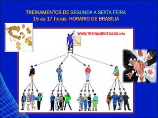 TREINAMENTOS DE SEGUNDA A SEXTA FEIRA
15 as 17 horas HORARIO DE BRASILIA
WWW.TREINAMENTOAGN.info
 