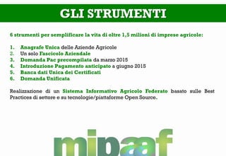 GLI STRUMENTI 
6 strumenti per semplificare la vita di oltre 1,5 milioni di imprese agricole: 
1.Anagrafe Unica delle Aziende Agricole 
2.Un solo Fascicolo Aziendale 
3.Domanda Pac precompilata da marzo 2015 
4.Introduzione Pagamento anticipato a giugno 2015 
5.Banca dati Unica dei Certificati 
6.Domanda Unificata Realizzazione di un Sistema Informativo Agricolo Federato basato sulle Best Practices di settore e su tecnologie/piattaforme Open Source.  