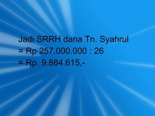 Jadi SRRH dana Tn. Syahrul
= Rp 257.000.000 : 26
= Rp. 9.884.615,-
 