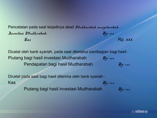 Pencatatan pada saat terjadinya akad Mudharabah musyatarakah :
Investasi Mudhrabah Rp. xxx
Kas Rp. xxx
Dicatat oleh bank syariah, pada saat diketahui pembagian bagi hasil :
Piutang bagi hasil investasi Mudharabah Rp. xxx
Pendapatan bagi hasil Mudharabah Rp. xxx
Dicatat pada saat bagi hasil diterima oleh bank syariah :
Kas Rp. xxx
Piutang bagi hasil investasi Mudharabah Rp. xxx
 