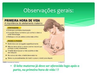 O leite materno já deve ser oferecido logo após o
parto, na primeira hora de vida ! !!
Observações gerais:
 