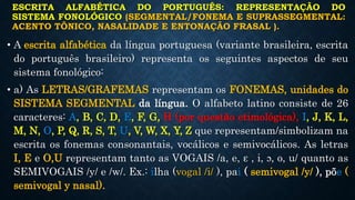 ESCRITA ALFABÉTICA DO PORTUGUÊS: REPRESENTAÇÃO DO
SISTEMA FONOLÓGICO (SEGMENTAL/FONEMA E SUPRASSEGMENTAL:
ACENTO TÔNICO, NASALIDADE E ENTONAÇÃO FRASAL ).
• A escrita alfabética da língua portuguesa (variante brasileira, escrita
do português brasileiro) representa os seguintes aspectos de seu
sistema fonológico:
• a) As LETRAS/GRAFEMAS representam os FONEMAS, unidades do
SISTEMA SEGMENTAL da língua. O alfabeto latino consiste de 26
caracteres: A, B, C, D, E, F, G, H (por questão etimológica), I, J, K, L,
M, N, O, P, Q, R, S, T, U, V, W, X, Y, Z que representam/simbolizam na
escrita os fonemas consonantais, vocálicos e semivocálicos. As letras
I, E e O,U representam tanto as VOGAIS /a, e, ԑ , i, ɔ, o, u/ quanto as
SEMIVOGAIS /y/ e /w/. Ex.: ilha (vogal /i/ ), pai ( semivogal /y/ ), põe (
semivogal y nasal).
 