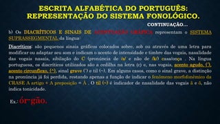 ESCRITA ALFABÉTICA DO PORTUGUÊS:
REPRESENTAÇÃO DO SISTEMA FONOLÓGICO.
CONTINUAÇÃO...
b) Os DIACRÍTICOS E SINAIS DE ACENTUAÇÃO GRÁFICA representam o SISTEMA
SUPRASSEGMENTAL da língua:
Diacríticos: são pequenos sinais gráficos colocados sobre, sob ou através de uma letra para
modificar ou adaptar seu som e indicam o acento de intensidade e timbre das vogais, nasalidade
das vogais nasais, sibilação do C (pronúncia de /s/ e não de /k/) casa/onça . Na língua
portuguesa, os diacríticos utilizados são a cedilha na letra ⟨c⟩ e, nas vogais, acento agudo, (´),
acento circunflexo, (^), sinal grave (`) e til (~). Em alguns casos, como o sinal grave, a distinção
na pronúncia já foi perdida, restando apenas a função de indicar o fenômeno morfofonêmico da
CRASE A artigo + A preposição = À . O til (~) é indicador de nasalidade das vogais ã e õ, não
indica tonicidade.
Ex.: ór-gão.
 