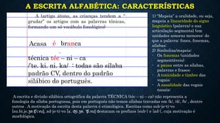 A ESCRITA ALFABÉTICA: CARACTERÍSTICAS
1) “Mapeia” a oralidade, ou seja,
mapeia a linearidade do signo
linguístico (palavra) e sua
articulação segmental (em
unidades sonoras menores: do
que a palavra: fones, fonemas,
sílabas;
2) Simboliza/mapeia:
- Os fonemas (unidades
segmentáveis)
- a pausa entre as sílabas,
palavras e frases;
- A tonicidade e timbre das
vogais;
- A nasalidade das vogais
nasais;
Acasa
técnica téc – ni – ca
/’te. ki. ni. ka/ : todas são sílaba
padrão CV, dentro do padrão
silábico do português.
é
A (artigo átono, as crianças tendem a “
grudar” os artigos com as palavras tônicas,
formando um só vocábulo fonológico)
branca
.
A escrita e divisão silábica ortográfica da palavra TÉCNICA (téc – ni – ca) não representa a
fonologia da sílaba portuguesa, pois em português não temos sílabas travadas em /k/, /d/, /b/ , dentre
outros . A motivação da escrita desta palavra é etimológica. Escritas como sub-je-ti-vo
[su.bi.je.ʒe.ʧ’i.vu], ad-je-ti-vo [a. ʤi.ʒe. ‘ʧi.vu] destacam os prefixos {sub-} e {ad-}, cuja motivação é
morfológica.
 