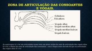 ZONA DE ARTICULAÇÃO DAS CONSOANTES
E VOGAIS.
As semivogais /y/ e /w/ são articuladas numa zona um pouco acima da zona de articulação das vogais altas
/i/ e /u/, e abaixo da zona de articulação das consoantes , com a língua mais elevada do que na articulação
das vogais altas /i/ e /u/.
 