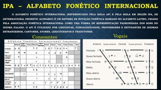 IPA – ALFABETO FONÉTICO INTERNACIONAL
O ALFABETO FONÉTICO INTERNACIONAL (REFERENCIADO PELA SIGLA AFI E PELA SIGLA EM INGLÊS IPA, DE
(INTERNATIONAL PHONETIC ALPHABET) É UM SISTEMA DE NOTAÇÃO FONÉTICA BASEADO NO ALFABETO LATINO, CRIADO
PELA ASSOCIAÇÃO FONÉTICA INTERNACIONAL COMO UMA FORMA DE REPRESENTAÇÃO PADRONIZADA DOS SONS DO
IDIOMA FALADO. O AFI É UTILIZADO POR LINGUISTAS, FONOAUDIÓLOGOS, PROFESSORES E ESTUDANTES DE IDIOMAS
ESTRANGEIROS, CANTORES, ATORES, LEXICÓGRAFOS E TRADUTORES.
Vogais
Consoantes
 