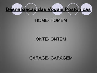 Desnalização das Vogais Postônicas HOME- HOMEM ONTE- ONTEM GARAGE- GARAGEM 