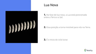 Lua Nova
1. Na fase de lua nova, a Lua está posicionada
entre a Terra e o Sol.
2. Essa posição a torna invisível para nós na Terra.
3. É o início do ciclo lunar.
 