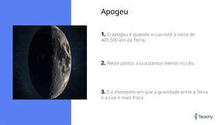 Apogeu
1. O apogeu é quando a Lua está a cerca de
405.500 km da Terra.
2. Neste ponto, a Lua parece menor no céu.
3. É o momento em que a gravidade entre a Terra
e a Lua é mais fraca.
 