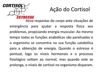 Ação do Cortisol
Ativa respostas do corpo ante situações de
emergência para ajudar a resposta física aos
problemas, propiciando energia muscular. Ao mesmo
tempo todas as funções anabólicas são paralisadas e
o organismo se concentra na sua função catabólica
para a obtenção de energia. Quando o estresse é
pontual, logo os níveis hormonais e o processo
fisiológico voltam ao normal, mas quando este se
prolonga, o níveis de cortisol no organismo disparam.
 