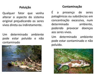 Poluição
Qualquer fator que venha
alterar o aspecto do sistema
original prejudicando os seres
vivos direta ou indiretamente.
Um determinado ambiente
pode estar poluído e não
contaminado
Contaminação
É a presença de seres
patogênicos ou substâncias em
concentração excessiva, num
determinado ambiente,
podendo provocar doenças
aos seres vivos.
Um determinado ambiente
pode estar contaminado e não
poluído.
 