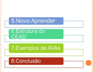 5.Novo Aprender
6.Estrutura do
CEAD
7.Exemplos de AVAs
8.Conclusão
 