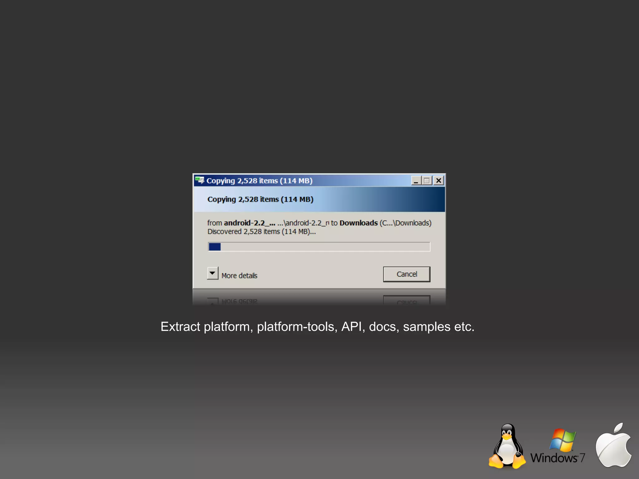 Extract platform, platform-tools, API, docs, samples etc.
 