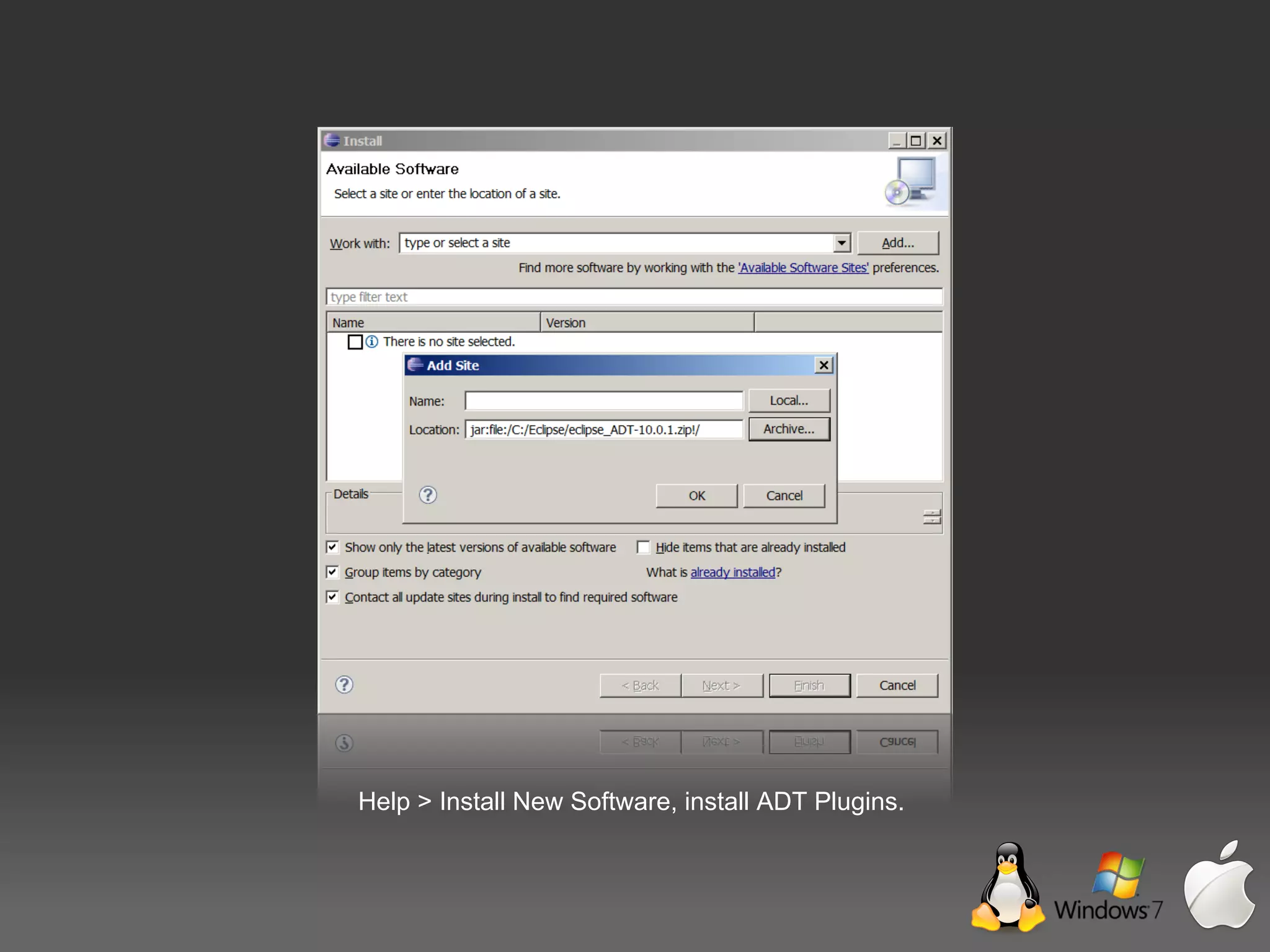 Help > Install New Software, install ADT Plugins.
 