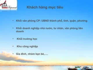 Khách hàng mục tiêu
• Khối văn phòng CP: UBND thành phố, tỉnh, quận, phường
• Khối doanh nghiệp nhà nước, tư nhân, văn phòng liên
doanh
• Khối trường học
• Khu công nghiệp
• Gia đình, nhóm bạn bè,….
 