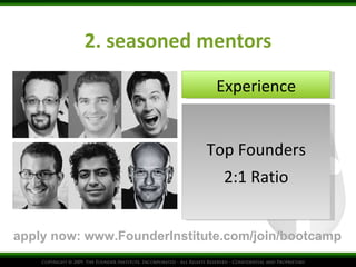2. seasoned mentors Experience Top Founders 2:1 Ratio apply now: www.FounderInstitute.com/join/bootcamp 