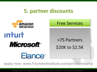 5. partner discounts Free Services >75 Partners $20K to $2.5K apply now: www.FounderInstitute.com/join/bootcamp 
