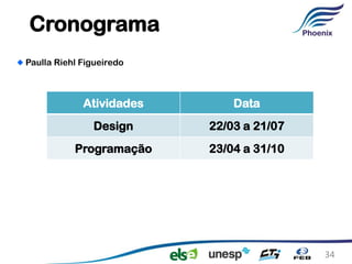 Cronograma
Paulla Riehl Figueiredo



             Atividades       Data
               Design     22/03 a 21/07
           Programação    23/04 a 31/10




                                          34
 