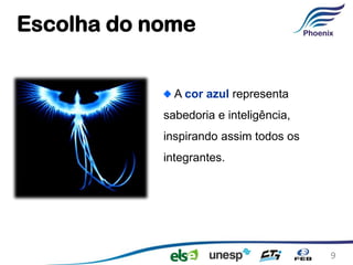 Escolha do nome


              A cor azul representa
            sabedoria e inteligência,
            inspirando assim todos os
            integrantes.




                                        9
 