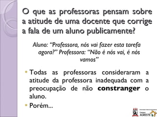 O que as professoras pensam sobre a atitude de uma docente que corrige a fala de um aluno publicamente? Aluno: “Professora, nós vai fazer esta tarefa agora?” Professora: “Não é nós vai, é nós vamos” Todas as professoras consideraram a atitude da professora inadequada com a preocupação de não  constranger  o aluno. Porém... 