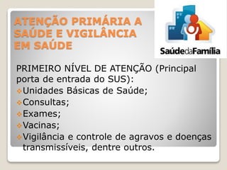 ATENÇÃO PRIMÁRIA A
SAÚDE E VIGILÂNCIA
EM SAÚDE
PRIMEIRO NÍVEL DE ATENÇÃO (Principal
porta de entrada do SUS):
Unidades Básicas de Saúde;
Consultas;
Exames;
Vacinas;
Vigilância e controle de agravos e doenças
transmissíveis, dentre outros.
 