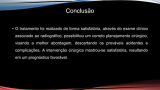 Conclusão
• O tratamento foi realizado de forma satisfatória, através do exame clínico
associado ao radiográfico, possibilitou um correto planejamento cirúrgico,
visando a melhor abordagem, descartando os prováveis acidentes e
complicações. A intervenção cirúrgica mostrou-se satisfatória, resultando
em um prognóstico favorável.
 